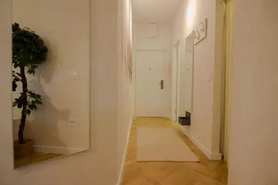a hallway with a potted plant and a mirror at Studio Stil in Belgrade