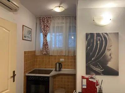 a kitchen with a picture of a woman on the wall at Bella Centre Apartment in Belgrade