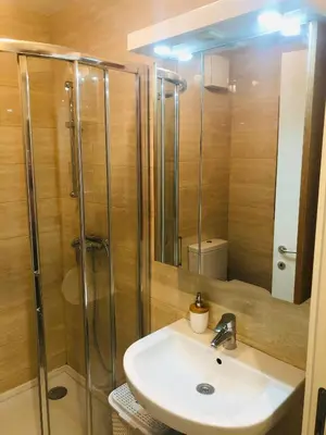a bathroom with a sink and a shower at Apartment Maximus lux in Belgrade