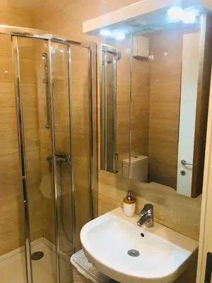 a bathroom with a sink and a shower at Apartment Maximus lux in Belgrade