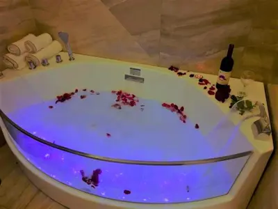 a bathroom with a bath tub with a bottle of wine at Apartment De Luna Belgrade in Belgrade