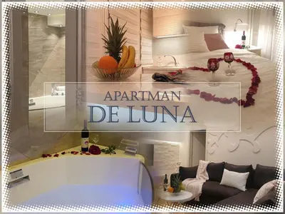 a collage of a bedroom with a bed and a living room at Apartment De Luna Belgrade in Belgrade