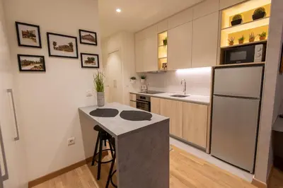 a kitchen with a counter and a refrigerator at Belgrade Waterfront GREEN Apartment in Belgrade