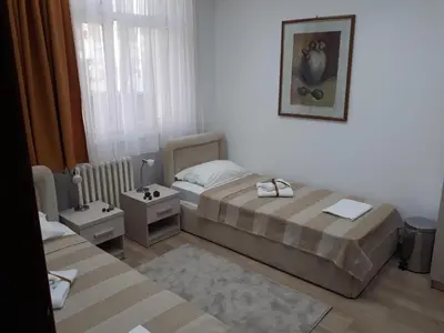 a small bedroom with two beds and a window at Apartman Karadjordje in Zvezdara