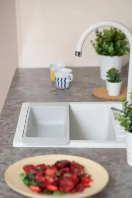 a plate of strawberries sitting on a counter next to a sink at Vracar Vuk 2 in Belgrade