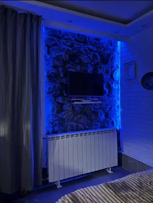 a room with a tv on a stone wall at Apartman Nina BANOVO BRDO in Belgrade