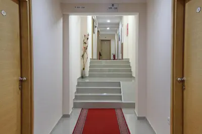 a hallway with stairs with a red rug at Hotel Novella Uno in Novi Banovci