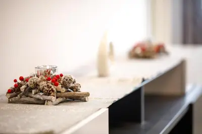 a counter top with a bunch of food on it at Apartman Niki in Arandjelovac