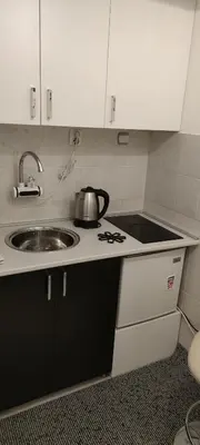a kitchen with a sink and a pot on a counter at Studio Apartman KOCKA in Belgrade