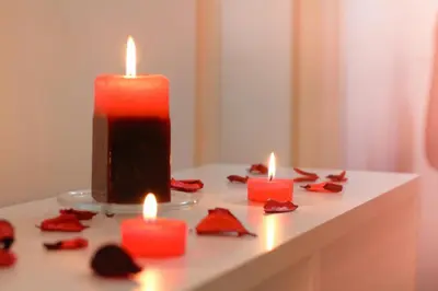 a candle and some roses on a table at Studio Apartman KOCKA in Belgrade