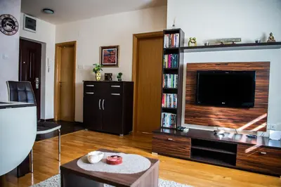 a living room with a flat screen tv and a entertainment center at The Temple bells, flat in the heart of the city in Dušanovac (historical)