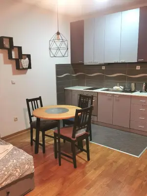 a kitchen and dining room with a table and chairs at Charlie Aviv Park in Belgrade
