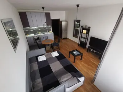 a kitchen and a living room with a bed in a room at Charlie Aviv Park in Belgrade