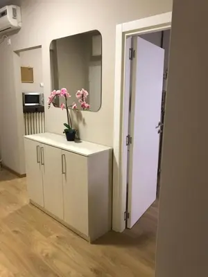 a room with a mirror and a cabinet with flowers on it at TD City Center Apartment in Belgrade