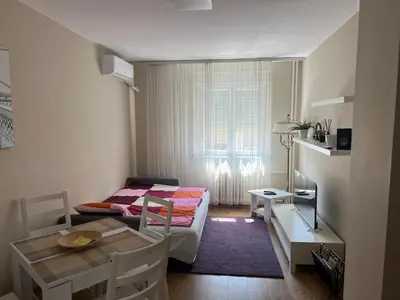 a small room with a bed and a table at TD City Center Apartment in Belgrade