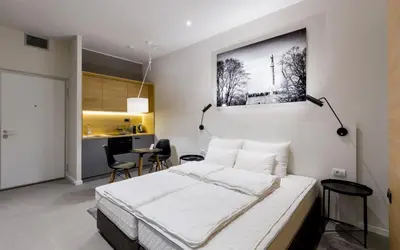 a bedroom with a large bed and a kitchen at Teanna Lux Apartments in Belgrade