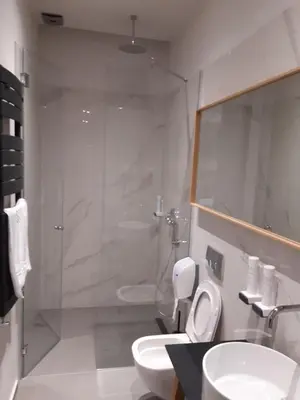 a bathroom with a shower and a toilet and a sink at Teanna Lux Apartments in Belgrade