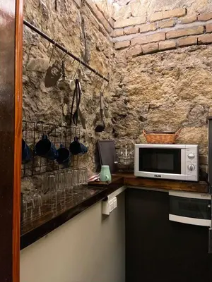 a kitchen with a counter with a microwave and glasses at Apartments HOUSE OF THE GREATS Skadarlija in Belgrade