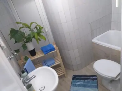 a bathroom with a toilet and a plant in it at Skadarska Blue in Belgrade