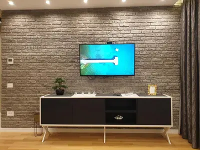 a living room with a tv on a brick wall at Luxury Spa Suite in Belgrade
