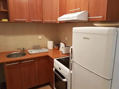 a kitchen with a white refrigerator and a sink at Luka Lux apartman in Belgrade