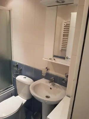 a bathroom with a white toilet and a sink at Luka Lux apartman in Belgrade