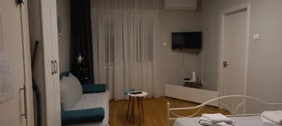 a living room with a couch and a christmas tree at Apartment Marija in Belgrade