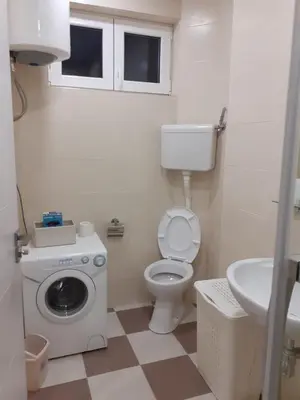 a bathroom with a toilet and a sink and a washing machine at Apartment Marija in Belgrade