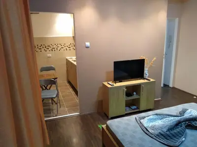 a room with a tv on a cabinet and a bedroom at Alba Graeca in Belgrade