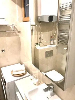 a small bathroom with a sink and a toilet at INNA Luxe & Wine- Central Belgrade Apartments in Belgrade