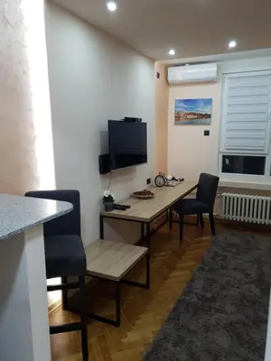 a room with a table and chairs and a television at Apartman DoDoLu in Belgrade