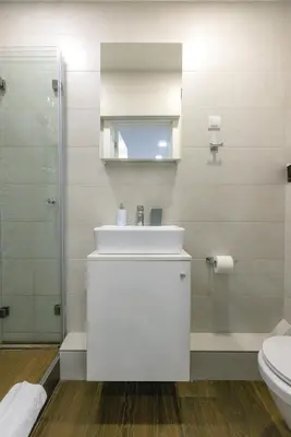 a bathroom with a sink and a toilet and a mirror at Apartment Sovre in Belgrade