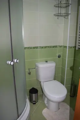 a bathroom with a white toilet in a green bathroom at Dunavski Kej in Smederevo
