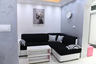 a living room with a black and white couch at Apartment 