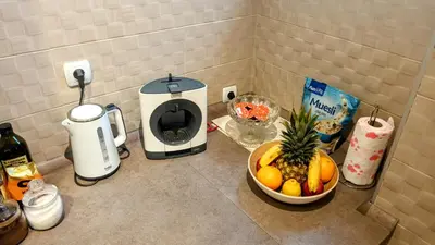 a counter with a bowl of fruit and a coffee maker at Balkanic Star Belgrade in Belgrade