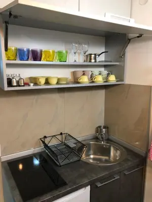 a kitchen counter with a sink and shelves with dishes at Apartman Ana in Dušanovac (historical)