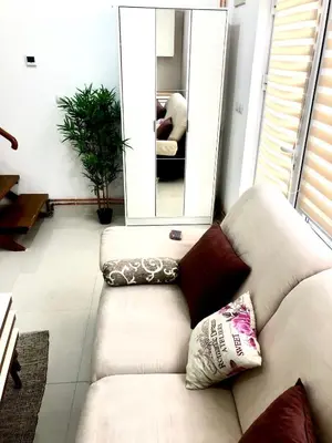a living room with a couch and a mirror at Apartment Duplex in Pančevo