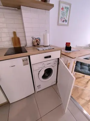 a kitchen with a washer and dryer under a counter at Sava river in Belgrade