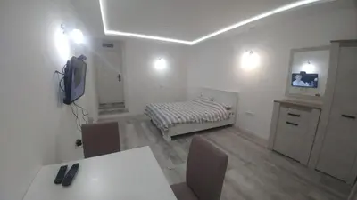 a room with a bedroom with a bed and a table at Apartman Viktor in Belgrade