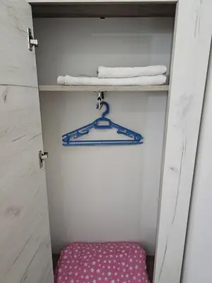 a closet with two towels and a pink drawer at Apartman Viktor in Belgrade