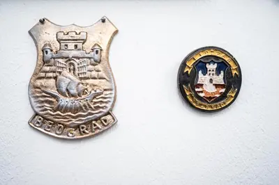 a metal pin with a crest on a white background at Apartment Tesla Wizard in Belgrade