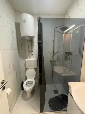 a bathroom with a toilet and a shower and a sink at Luxury Centar in Arandjelovac
