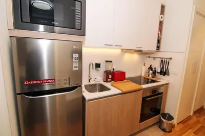 a kitchen with a stainless steel refrigerator and a sink at Beograd Promenada Waterfront in Belgrade