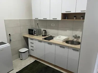 a small kitchen with a sink and a microwave at MAGIC M Apartment in Mali Mokri Lug