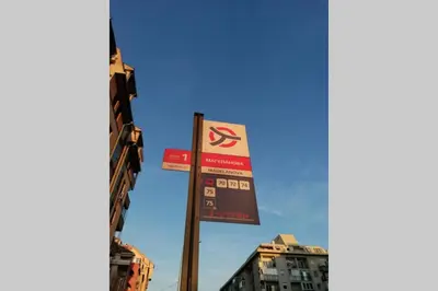 a sign on a pole in a city with buildings at Oasis felix apartment in Belgrade