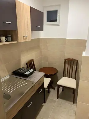 a kitchen with two chairs and a sink and a table at Simic Apartman in Arandjelovac