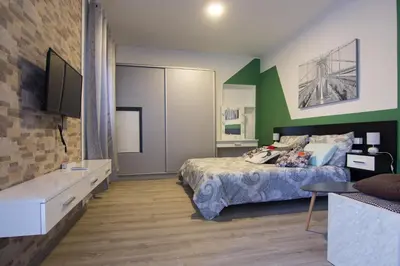 a bedroom with a bed and a green wall at Filip in Belgrade
