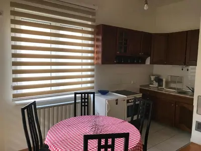 a kitchen with a table with a pink checkered table cloth at STIV, Voždovac, Stepa Stepanovic in Voždovac