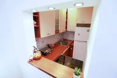 a kitchen with a sink and a white refrigerator at Apartman Lido in Belgrade