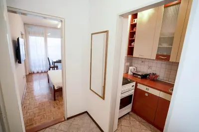 a kitchen with a door leading to a living room at Apartman Lido in Belgrade
